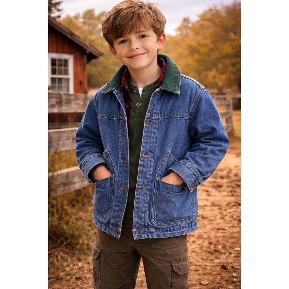 Vtg GAP Denim Jacket Kids XS Corduroy Collar Plaid Lined Chore Barn Coat‎ 90s